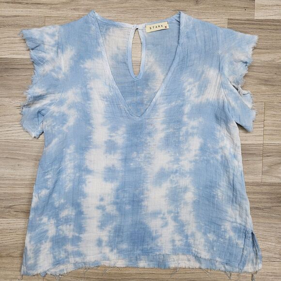 Stark X Womens Shirt XS Blue Tie Dye 100% Cotton Raw Hem Frayed - Picture 1 of 11
